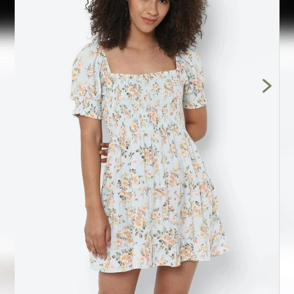 american eagle floral mini dress American Eagle Floral Tunic Mini Dress Medium Boho Prairie Tan Country  Western